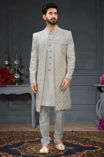 Heavy Off White Color Wedding Wear Silk Fabric Designer Readymade Indo Western For Men
