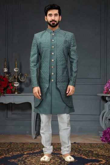 Gorgeous Silk Fabric Wedding Wear Readymade Indo Western For Men