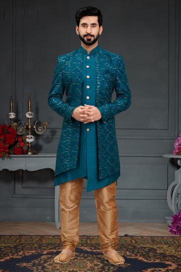 Fancy Teal Color Wedding Wear Readymade Designer Men Indo Western