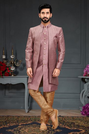 Beautiful Silk Fabric Wedding Wear Indo Western For Men In Pink Color