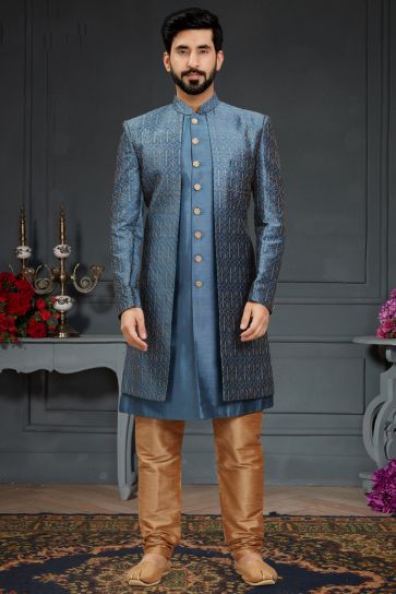 Beautiful Blue Color Wedding Wear Readymade Indo Western For Men In Silk Fabric