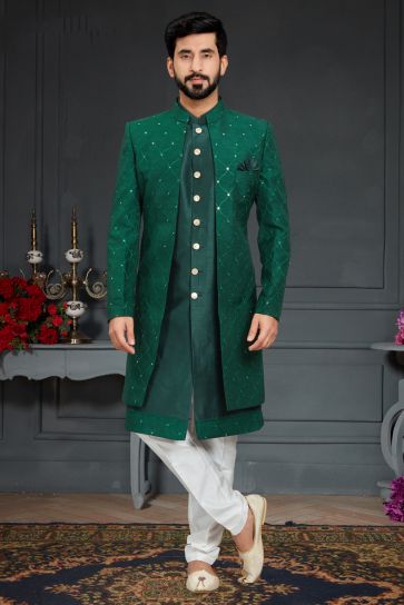Silk Wedding Wear Attractive Readymade Men Indo Western In Green Color