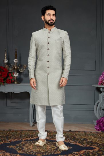 Jacquard Fabric Heavy Grey Color Wedding Wear Designer Readymade Indo Western For Men