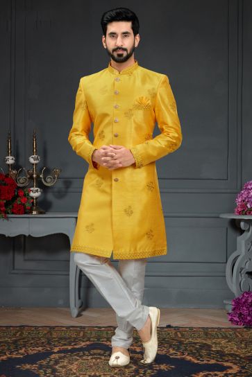 Silk Fabric Designer Heavy Wedding Wear Readymade Indo Western For Men In Yellow Color