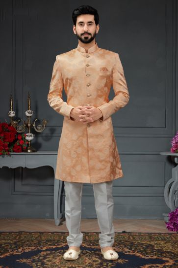 Jacquard Peach Magnificent Readymade Men Indo Western For Wedding Wear