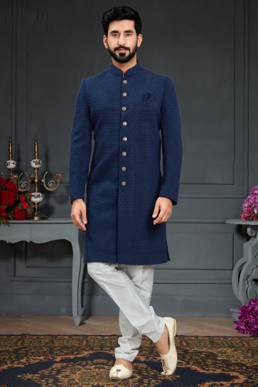 Silk Navy Blue Color Wedding Wear Readymade Designer Men Indo Western