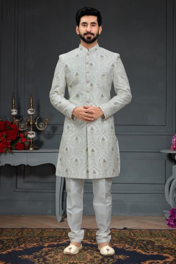 Silk Off White Color Wedding Wear Readymade Designer Men Indo Western