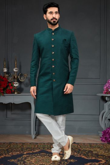 Jacquard Teal Artistic Magnificent Readymade Men Indo Western For Wedding Wear