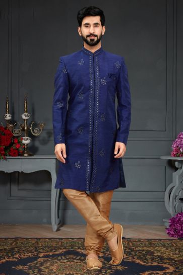 Blue Wedding Wear Readymade Glamorous Indo Western For Men In Silk Fabric