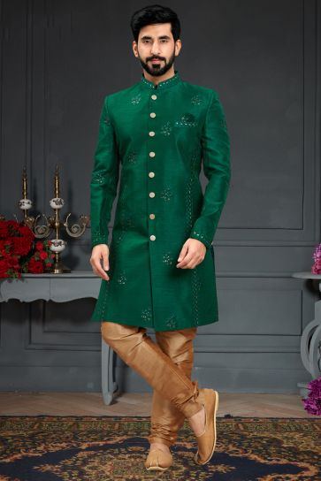 Dark Green Color Wedding Wear Readymade Silk Fabric Indo Western For Men