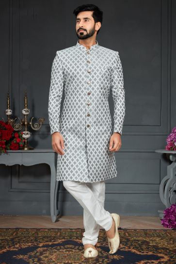 Grey Color Wedding Wear Jacquard Fabric Designer Heavy Readymade Indo Western For Men