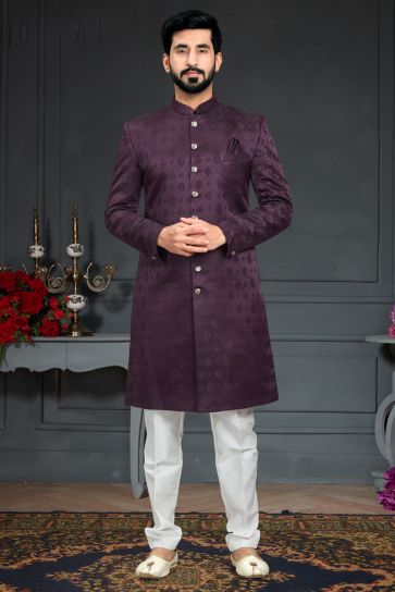 Violet Color Gorgeous Jacquard Wedding Wear Indo Western For Men