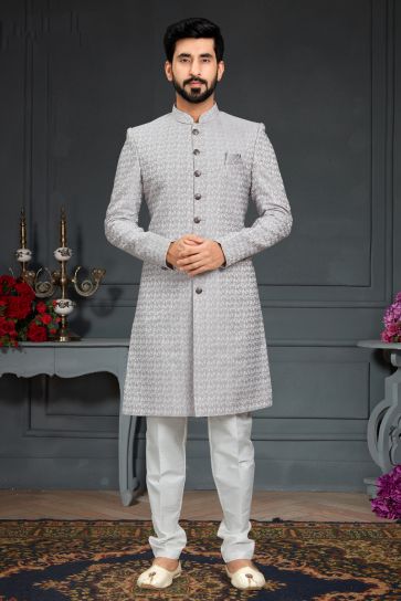 Grey Color Jacquard Fabric Wedding Wear Striking Indo Western For Men