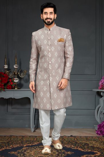 Peach Color Jacquard Fabric Wedding Wear Readymade Indo Western For Men