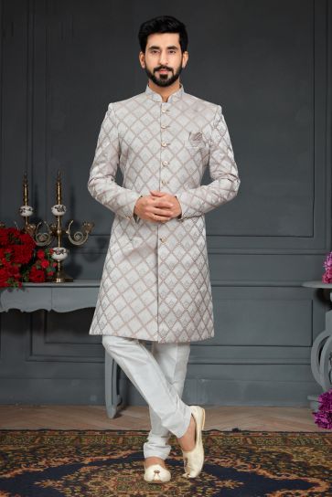 Off White Color Jacquard Fabric Heavy Wedding Wear Designer Readymade Indo Western For Men