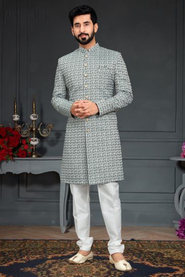 Grey Jacquard Fabric Wedding Wear Trendy Readymade Indo Western For Men