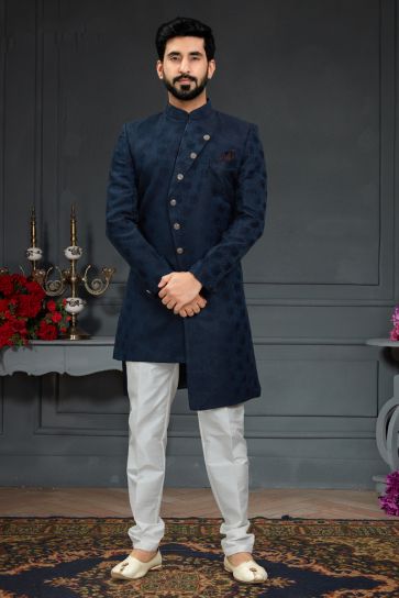 Navy Blue Jacquard Fabric Wedding Wear Trendy Readymade Indo Western For Men