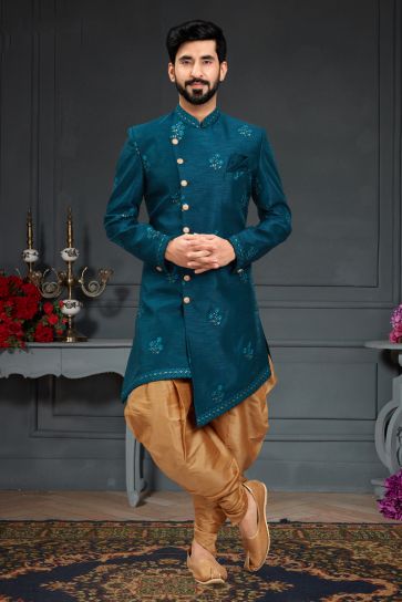 Teal Silk Fabric Magnificent Readymade Men Dhoti Style Indo Western For Wedding Wear