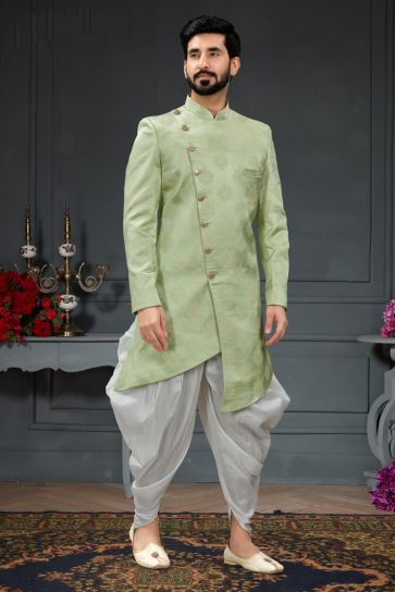 Sea Green Jacquard Fabric Graceful Readymade Men Dhoti Style Indo Western For Wedding Wear