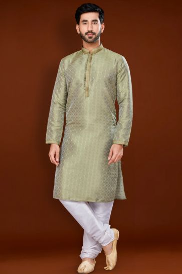 Jacquard Fabric Sea Green Color Riveting Kurta Pyjama For Men
