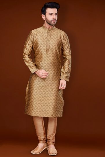 Jacquard Fabric Golden Color Patterned Kurta Pyjama For Men