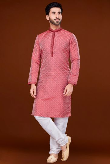 Pink Color Jacquard Fabric Engaging Kurta Pyjama For Men