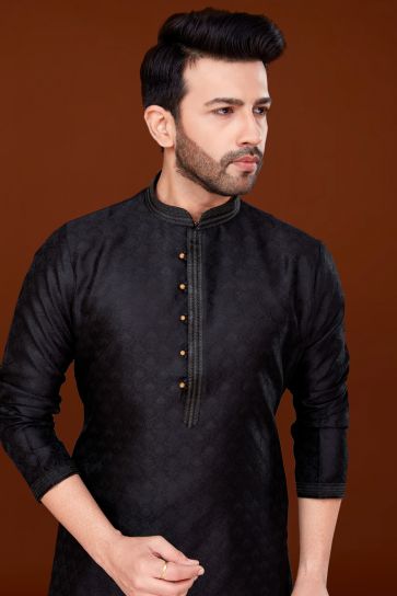 Black Color Trendy Kurta Pyjama For Men In Jacquard Fabric