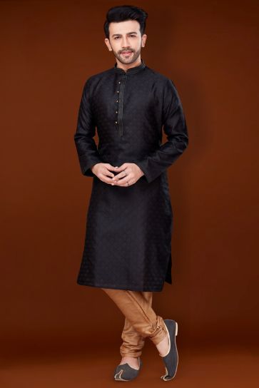 Black Color Trendy Kurta Pyjama For Men In Jacquard Fabric