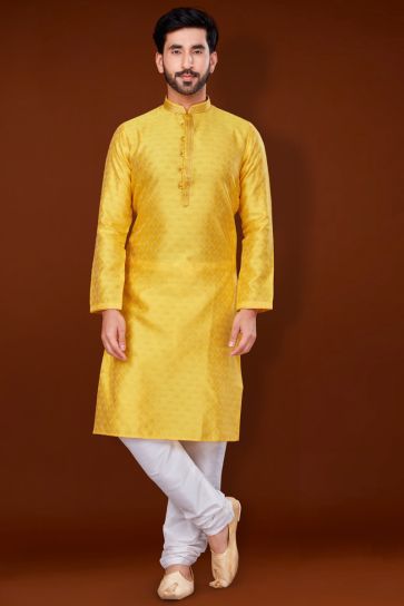 Creative Yellow Color Jacquard Fabric Kurta Pyjama For Men