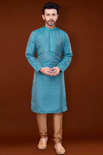 Cyan Color Jacquard Fabric Stunning Kurta Pyjama For Men