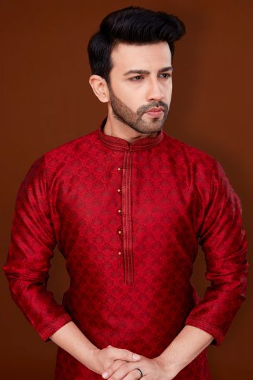 Jacquard Fabric Red Color Royal Kurta Pyjama For Men