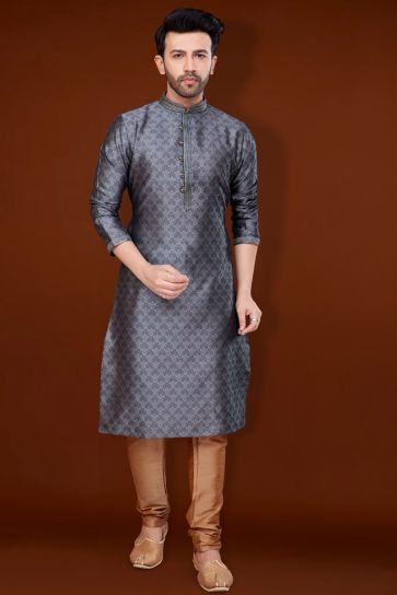 Grey Color Jacquard Fabric Special Kurta Pyjama For Men