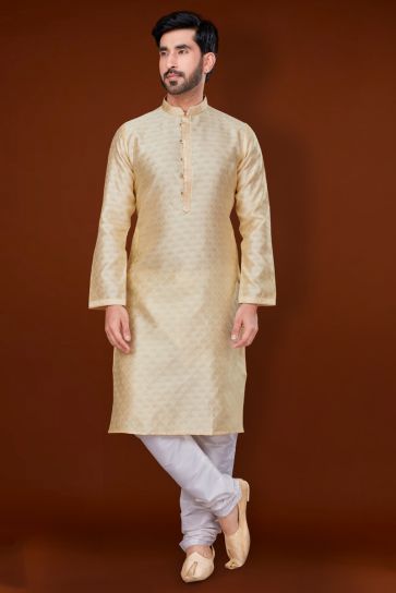 Jacquard Fabric Cream Color Pleasance Kurta Pyjama For Men