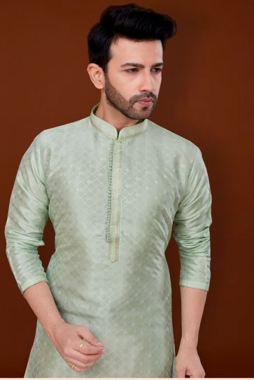 Sea Green Color Jacquard Fabric Coveted Kurta Pyjama For Men