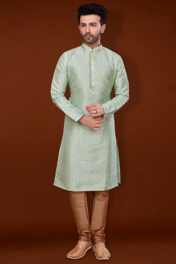 Sea Green Color Jacquard Fabric Coveted Kurta Pyjama For Men