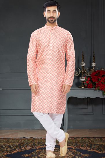 Peach Digital Printed Kurta Pyjama In Silk Fabric
