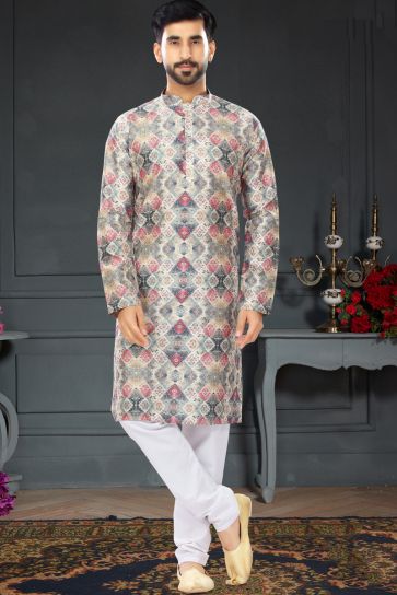 Multi Color Mens Printed Kurta Pyjama In Silk Fabric