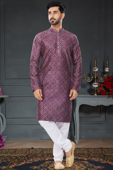Purple Silk Fabric Kurta Pyjama In Digital Printed Work