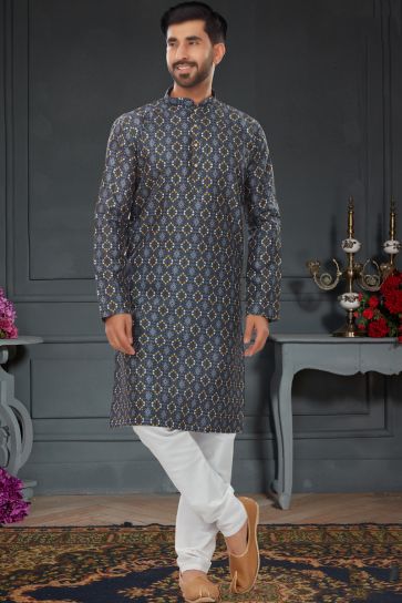 Multi Color Digital Printed Kurta Pyjama In Silk Fabric