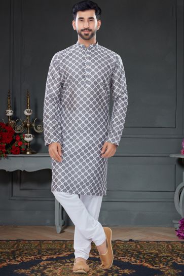 Grey Color Printed Kurta Pyjama In Silk Fabric