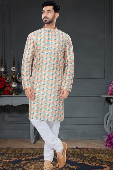 Multi Color Printed Silk Fabric Kurta Pyjama