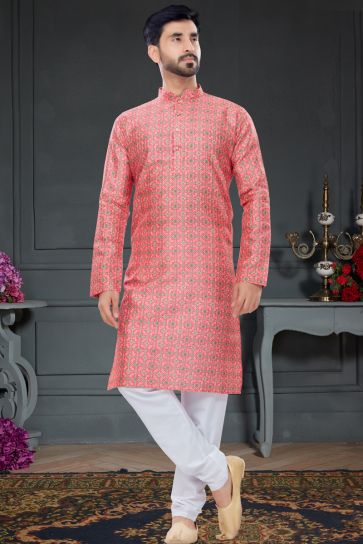 Pink Printed Work Kurta Pyjama In Silk Fabric