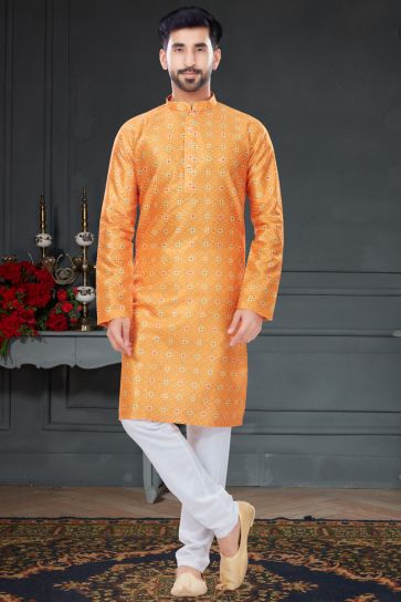 Orange Color Printed Mens Kurta Pyjama In Silk Fabric