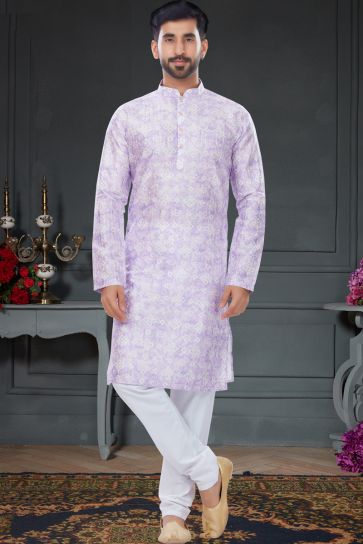 Lavender Color Festive Wear Embellished Mens Kurta Pyjama