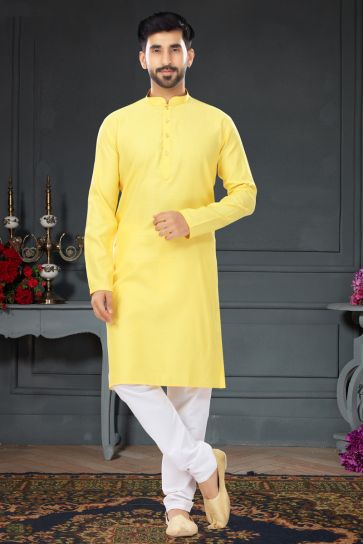 Yellow Jacquard Work Kurta Pyjama In Cotton Fabric