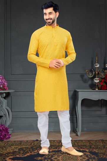Yellow Color Cotton Kurta Pyjama For Men