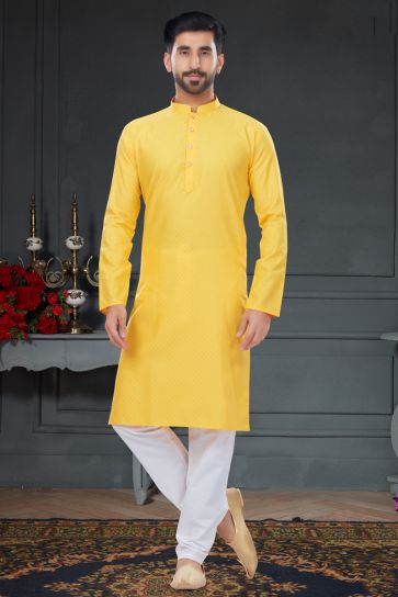 Yellow Color Cotton Kurta Pyjama In Jacquard Work
