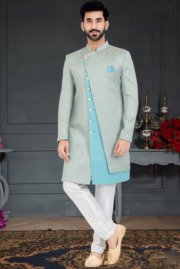 Stunning Grey Color Italian Indo Western In Jacquard Fabric