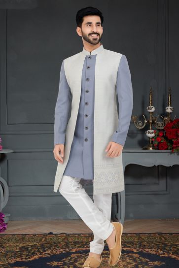 Dusky Grey Color Jacquard Fabric Italian Indo Western