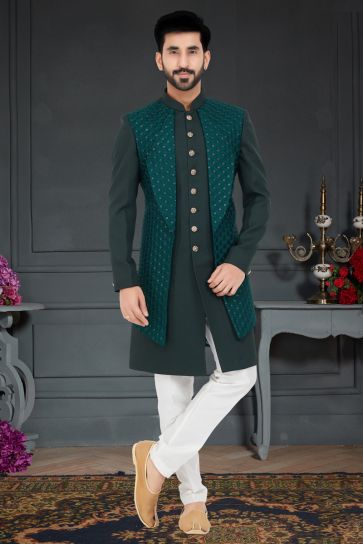 Vivacious Fancy Fabric Italian Indo Western In Dark Green Color